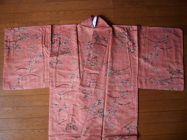Kimono- powder pink w/plum flowers and bamboo leaves