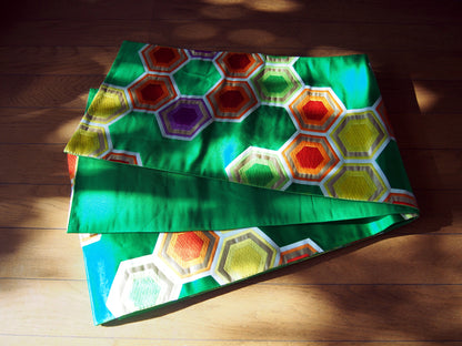 Fukuro obi- vivid green w/honeycomb pattern