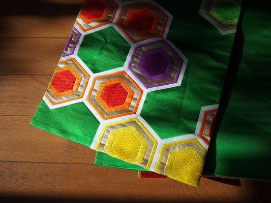 Fukuro obi- vivid green w/honeycomb pattern