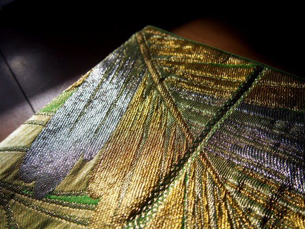 Fukuro obi- vivd green w/oak leaves