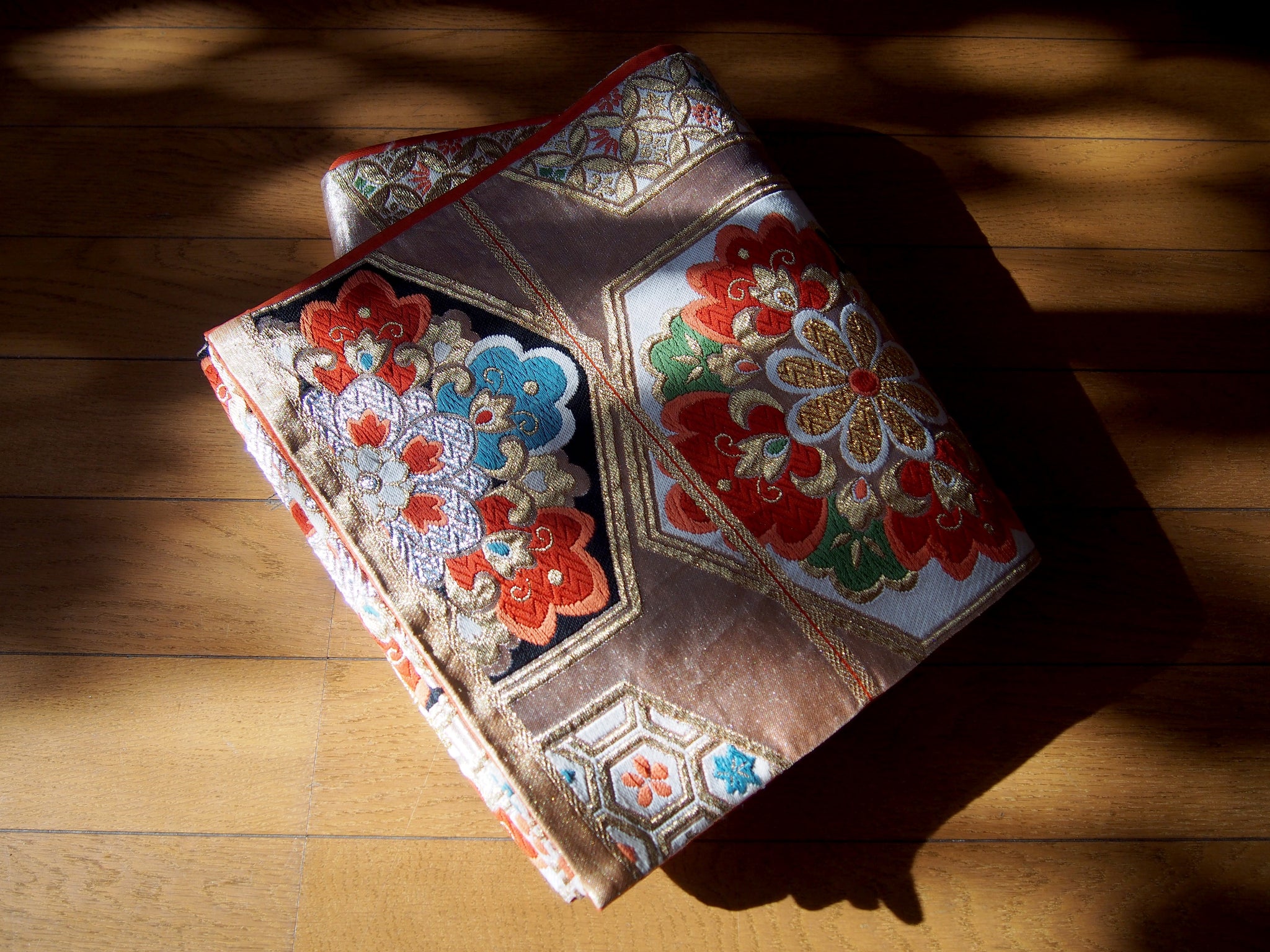 Fukuro obi- rose gold w/hexagonal flower tiles