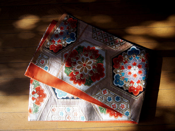 Fukuro obi- rose gold w/hexagonal flower tiles