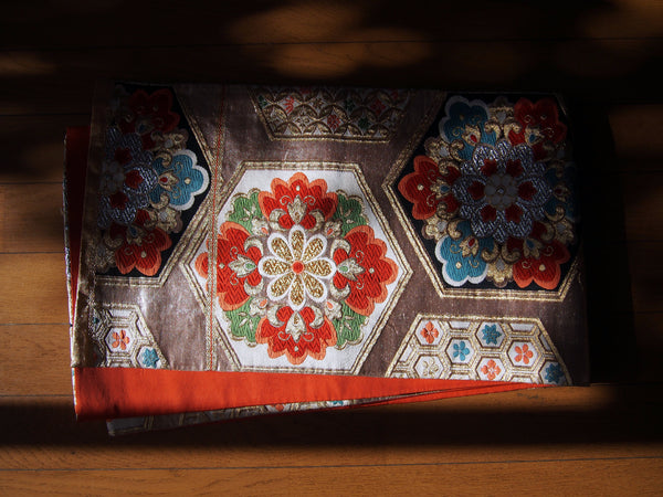 Fukuro obi- rose gold w/hexagonal flower tiles