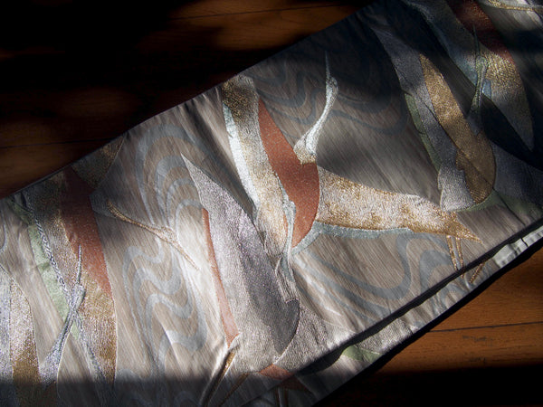Fukuro obi- metallic pastel w/flying cranes