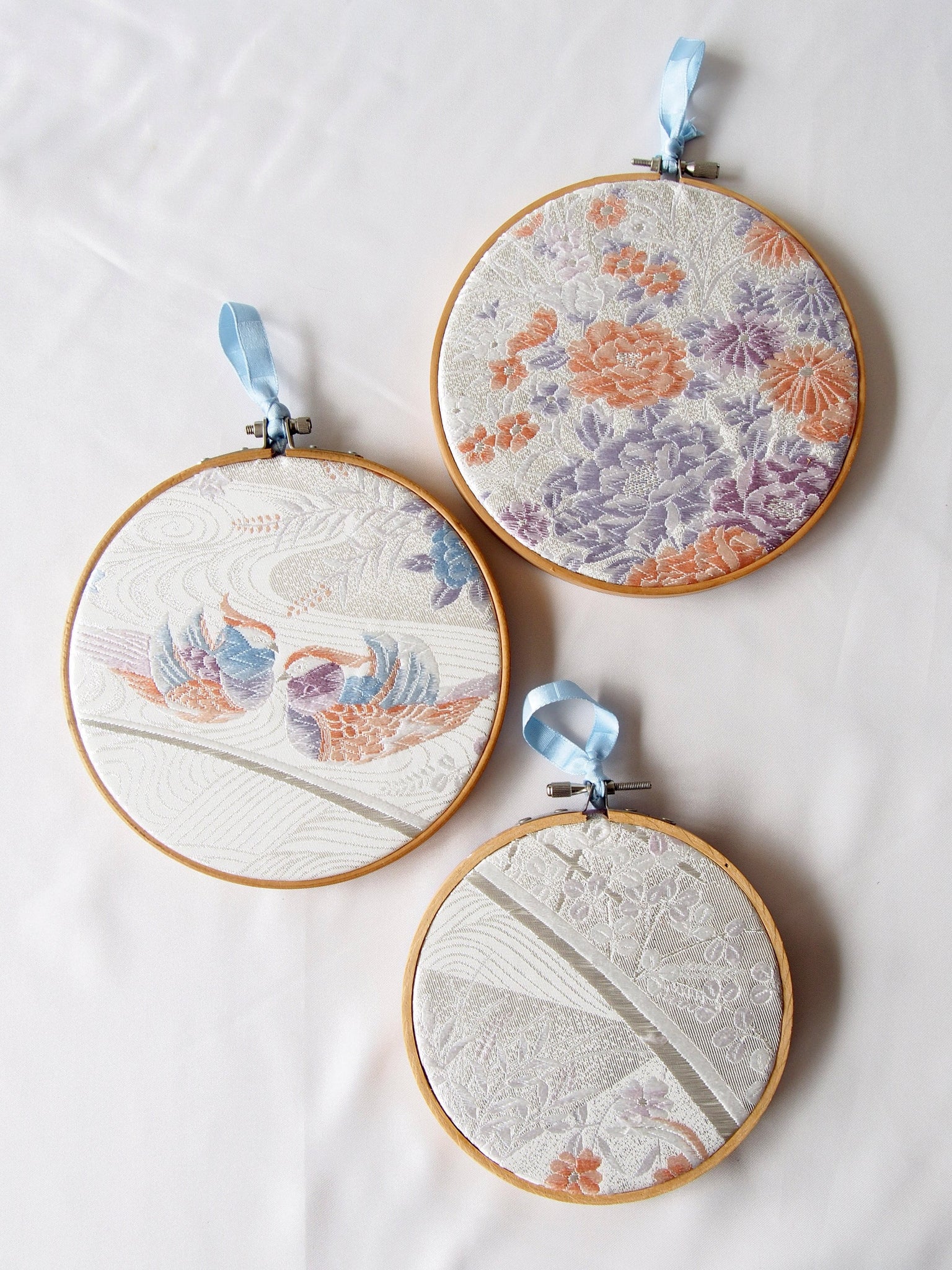 Vintage silk obi wall hanging- set of 3 hoops (pastel)
