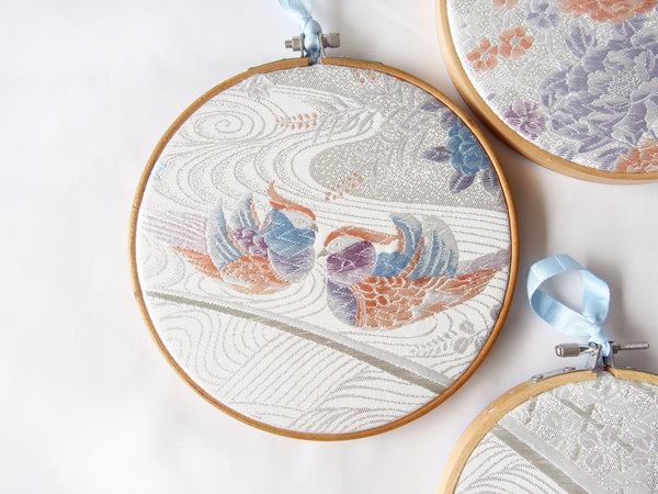 Vintage silk obi wall hanging- set of 3 hoops (pastel)