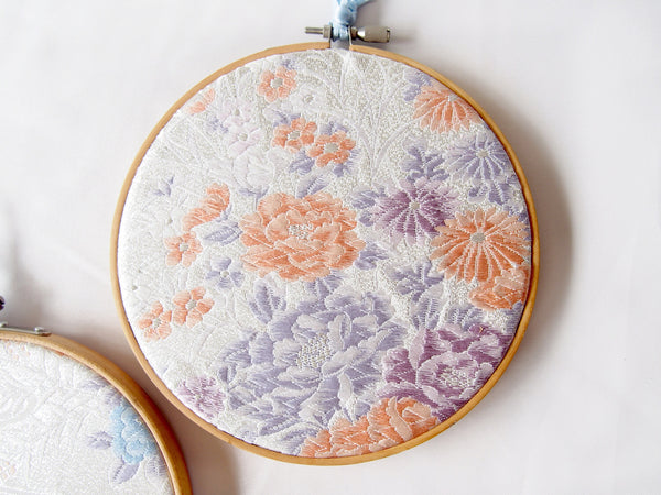 Vintage silk obi wall hanging- set of 3 hoops (pastel)