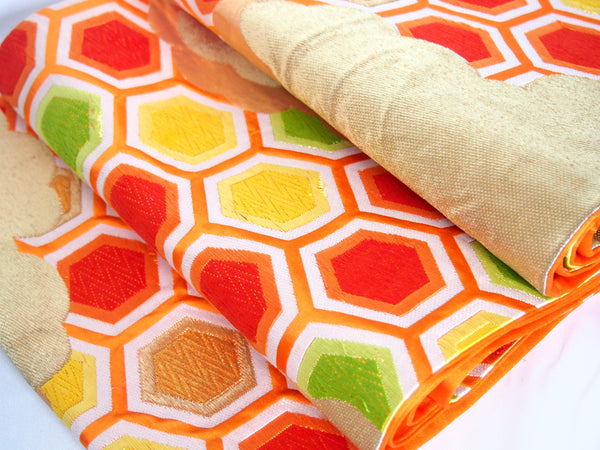 Vintage fukuro obi- vivid orange and gold clouds and hexagons