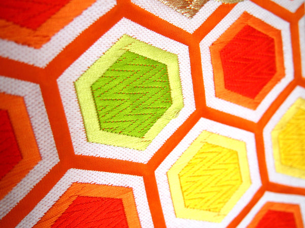 Vintage fukuro obi- vivid orange and gold clouds and hexagons