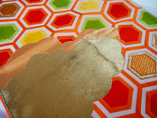 Vintage fukuro obi- vivid orange and gold clouds and hexagons