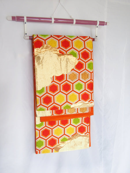 Vintage fukuro obi- vivid orange and gold clouds and hexagons