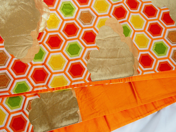 Vintage fukuro obi- vivid orange and gold clouds and hexagons