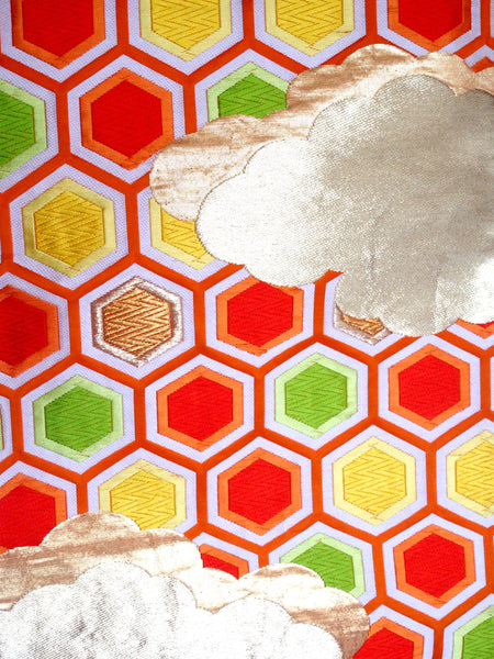 Vintage fukuro obi- vivid orange and gold clouds and hexagons
