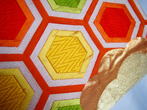 Vintage fukuro obi- vivid orange and gold clouds and hexagons