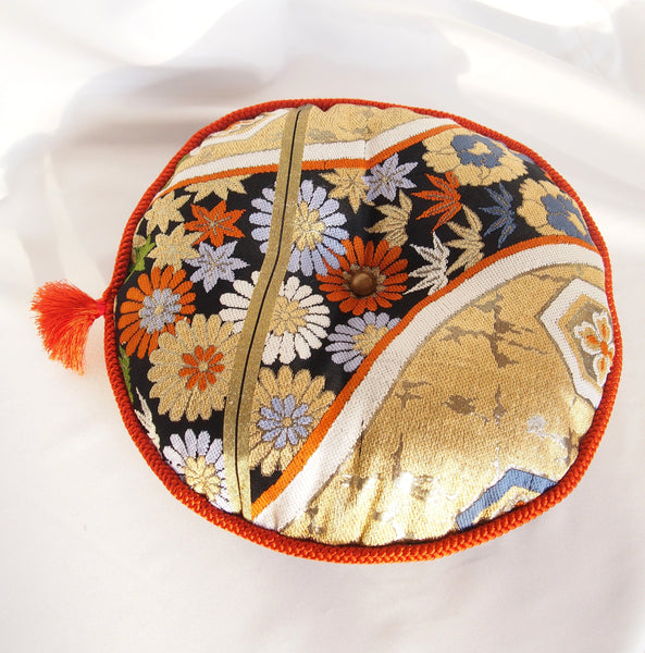 Vintage silk obi ornamental cushion - round