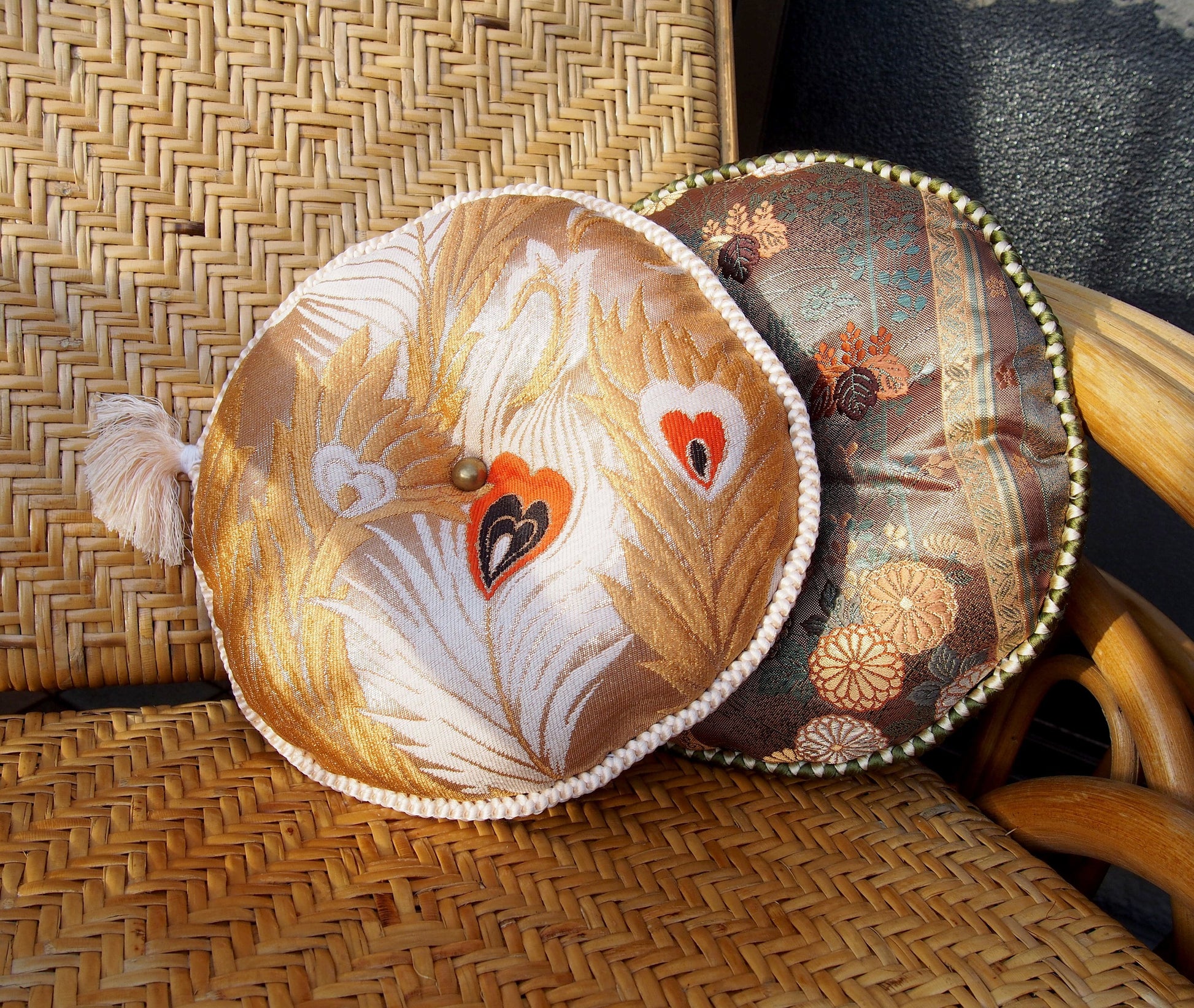 Vintage silk obi ornamental cushion - round