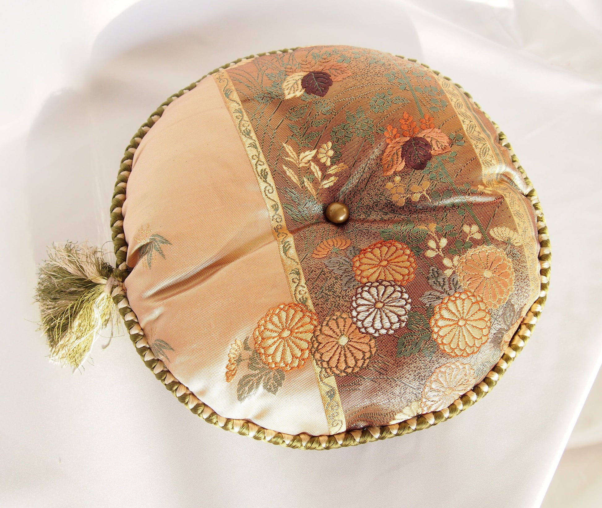 Vintage silk obi ornamental cushion - round