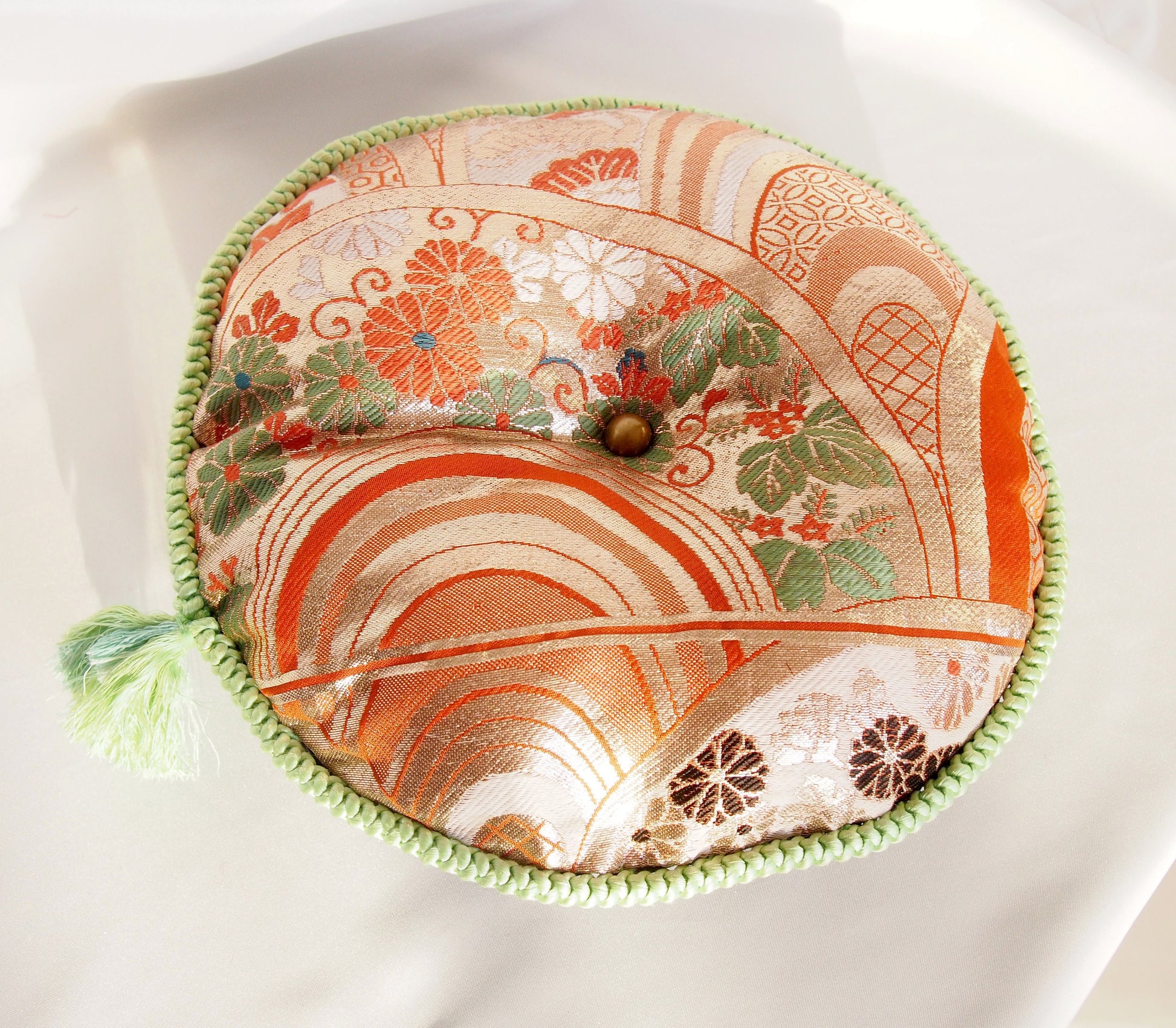 Vintage silk obi ornamental cushion - round