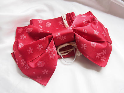 Instant yukata obi- red with sakura and rabbit pattern