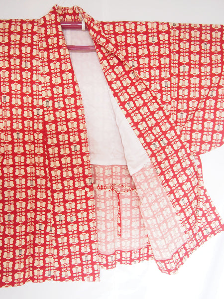 Lightweight kimono coat-  red w/ cream flowers pattern