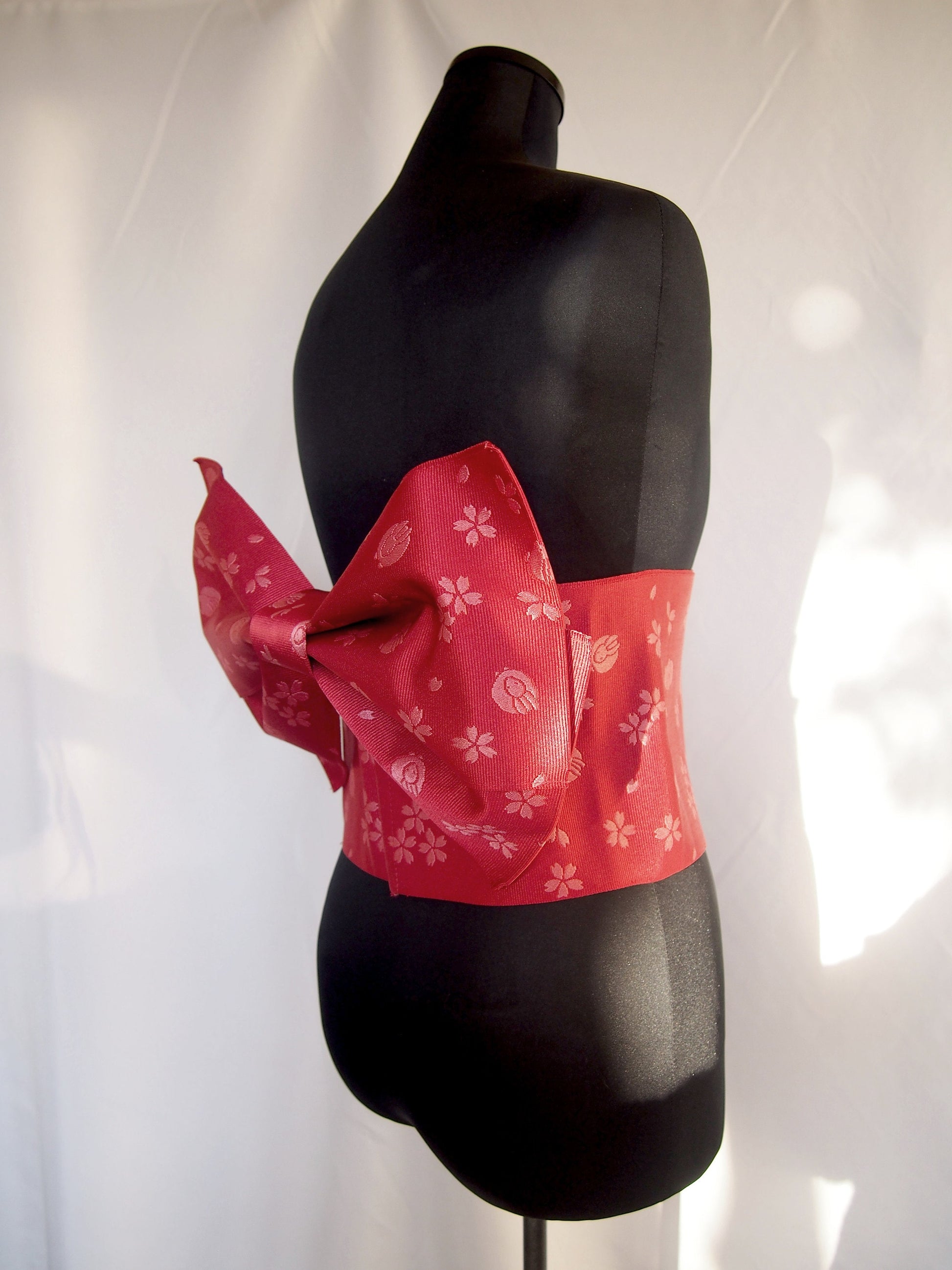 Instant yukata obi- red with sakura and rabbit pattern