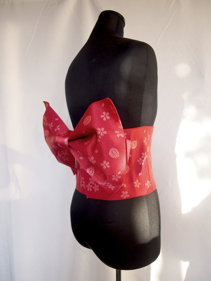 Instant yukata obi- red with sakura and rabbit pattern
