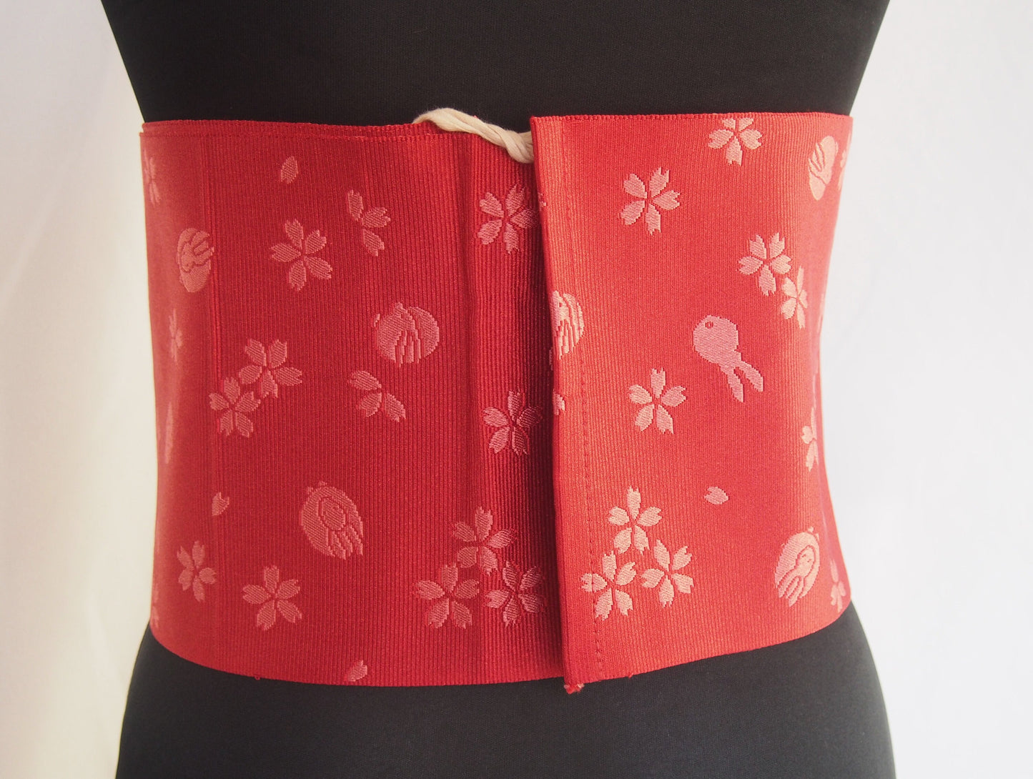 Instant yukata obi- red with sakura and rabbit pattern
