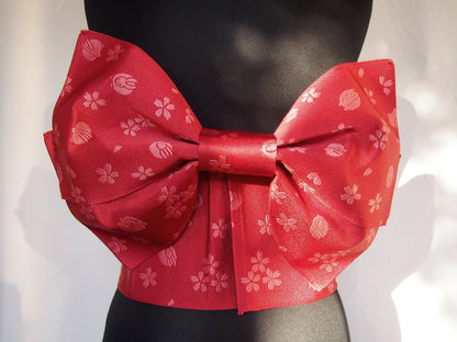 Instant yukata obi- red with sakura and rabbit pattern