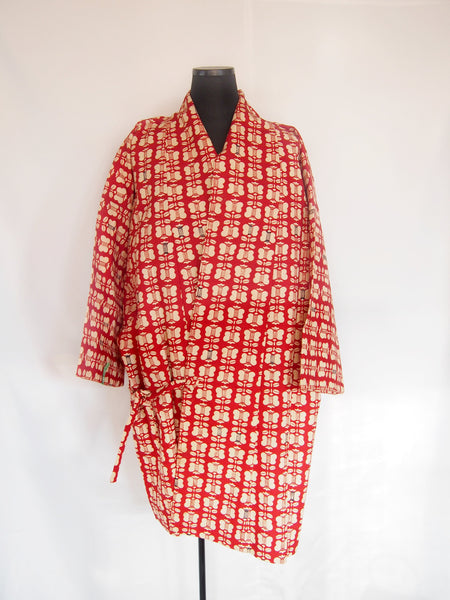 Lightweight kimono coat-  red w/ cream flowers pattern