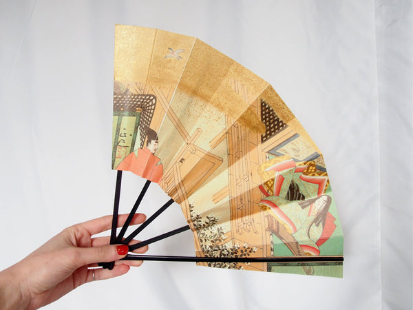 Foldable paper handfans with scenes of Heian court - set of two