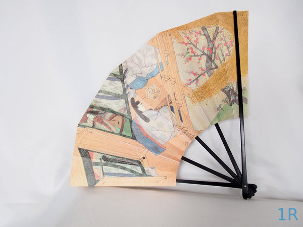 Foldable paper handfans with scenes of Heian court - set of two