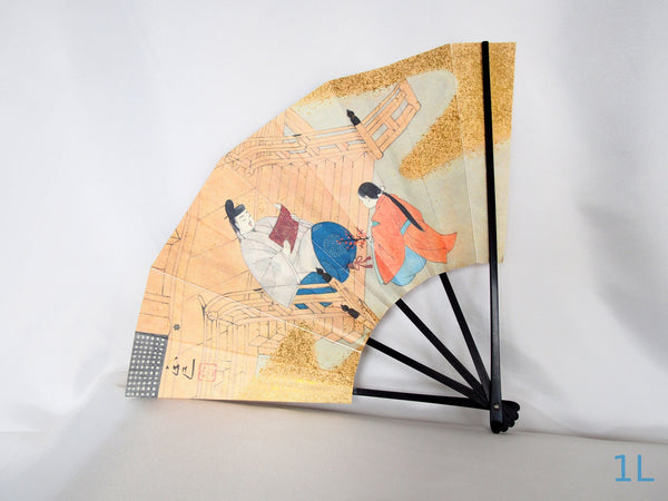 Foldable paper handfans with scenes of Heian court - set of two