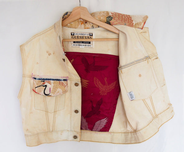 Distressed vintage Guess Jeans vest remake- golden silk Japanese obi with cranes