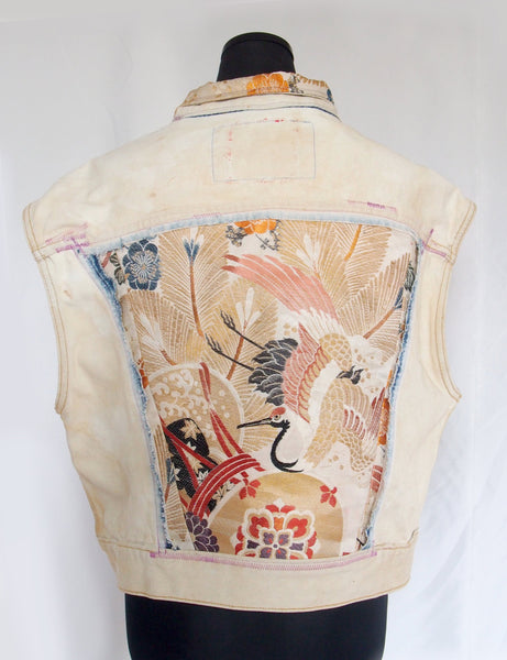 Distressed vintage Guess Jeans vest remake- golden silk Japanese obi with cranes