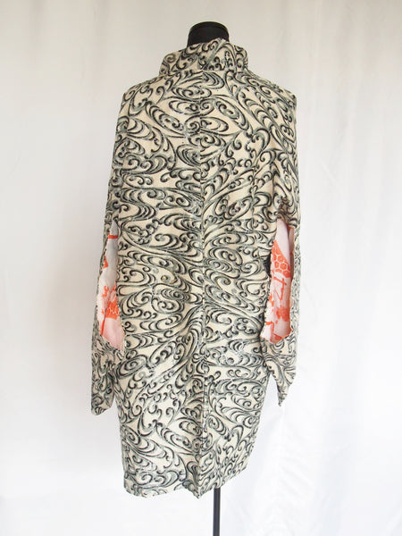 Vintage Japanese kimono coat  - gray and black billowing waves with golden accents haori