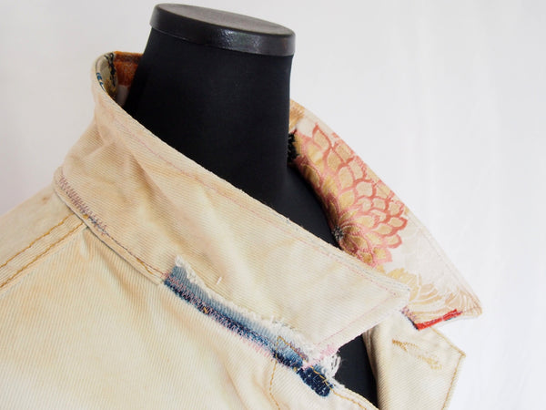 Distressed vintage Guess Jeans vest remake- golden silk Japanese obi with cranes