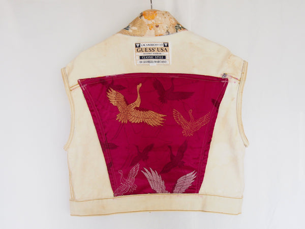 Distressed vintage Guess Jeans vest remake- golden silk Japanese obi with cranes