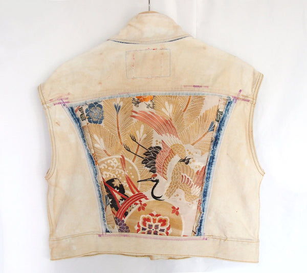 Distressed vintage Guess Jeans vest remake- golden silk Japanese obi with cranes