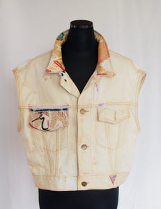 Distressed vintage Guess Jeans vest remake- golden silk Japanese obi with cranes