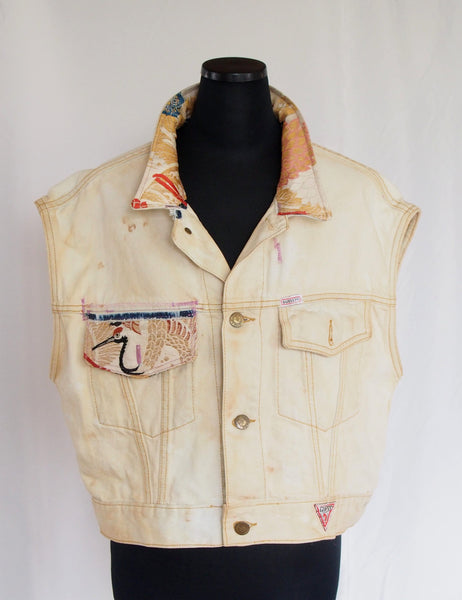 Distressed vintage Guess Jeans vest remake- golden silk Japanese obi with cranes