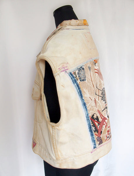 Distressed vintage Guess Jeans vest remake- golden silk Japanese obi with cranes