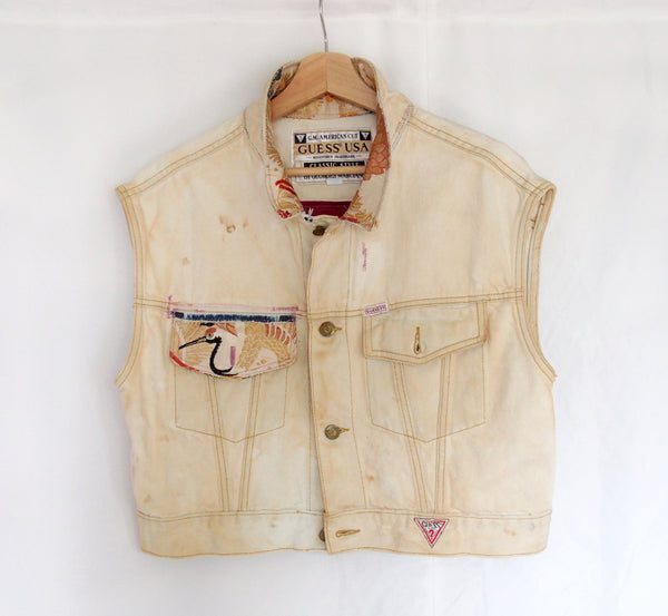 Distressed vintage Guess Jeans vest remake- golden silk Japanese obi with cranes