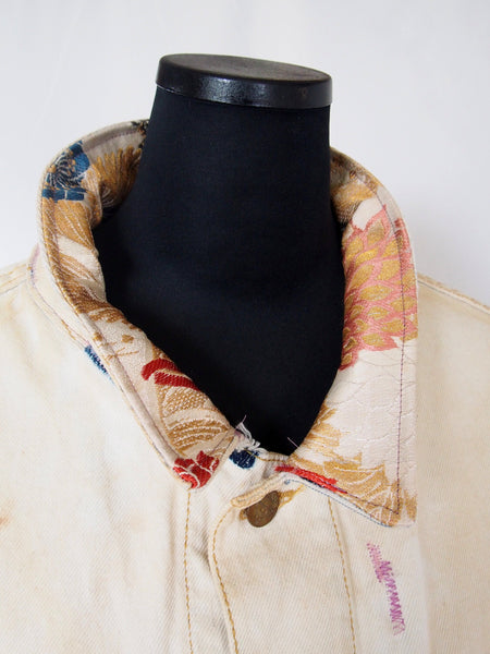 Distressed vintage Guess Jeans vest remake- golden silk Japanese obi with cranes