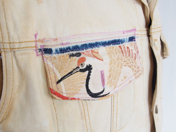 Distressed vintage Guess Jeans vest remake- golden silk Japanese obi with cranes