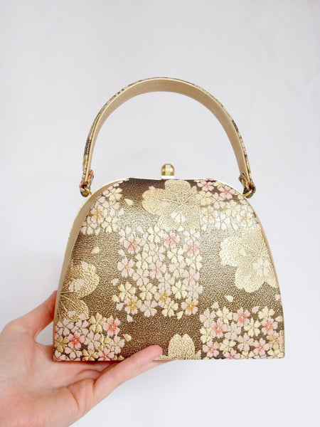 Vintage kimono bag - old gold cherry blossoms