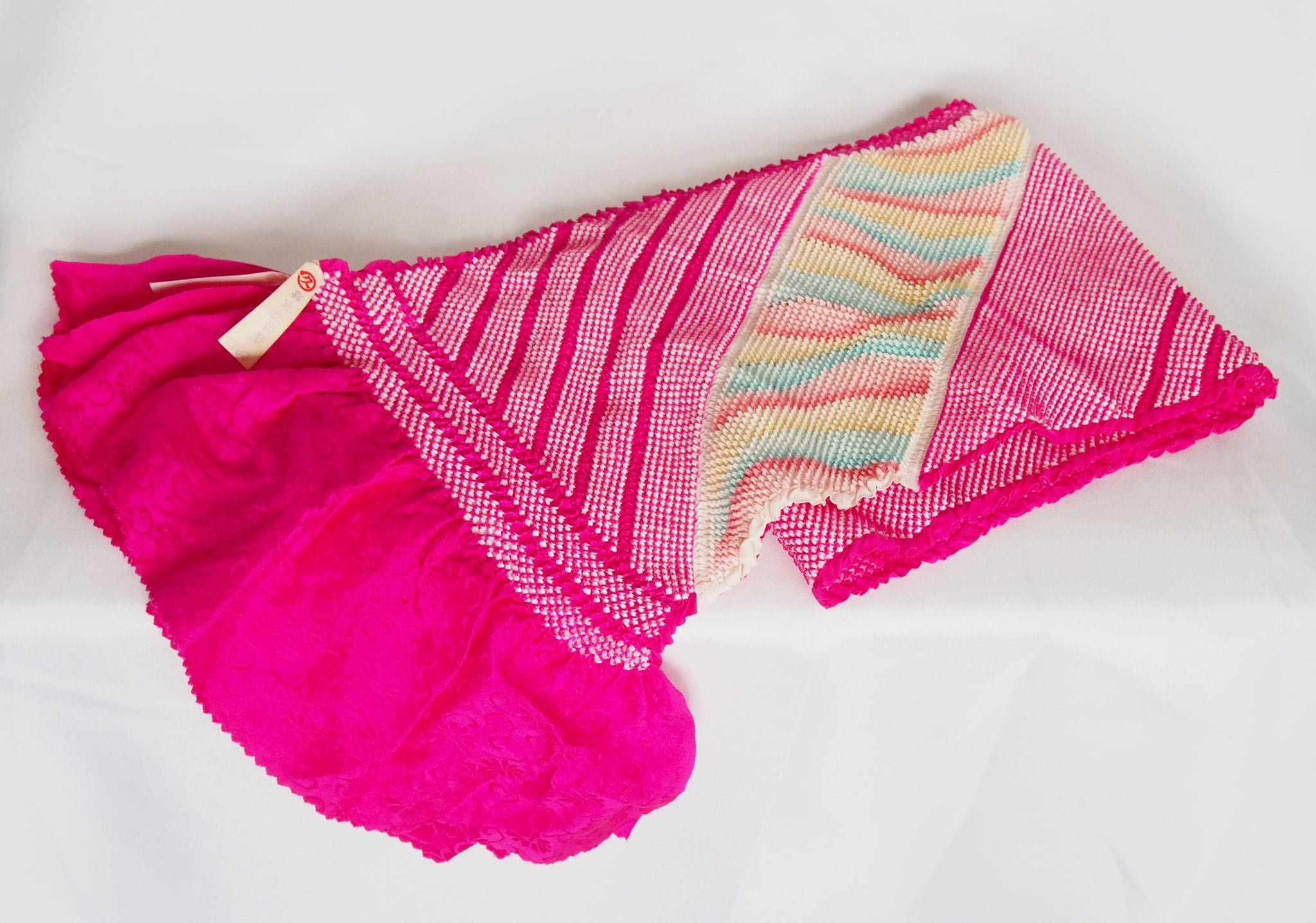 Vintage Japanese silk shibori obiage sash-  vivid fuchsia with a pastel rainbow accent