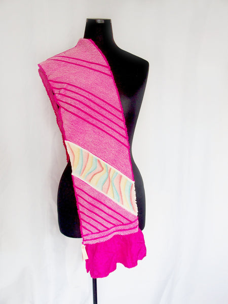 Vintage Japanese silk shibori obiage sash-  vivid fuchsia with a pastel rainbow accent