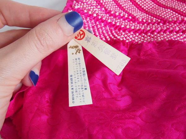 Vintage Japanese silk shibori obiage sash-  vivid fuchsia with a pastel rainbow accent