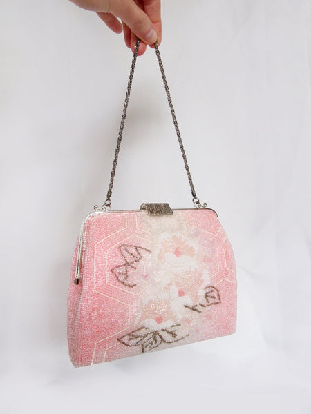Unique vintage set - beaded zori and evening bag in light pink