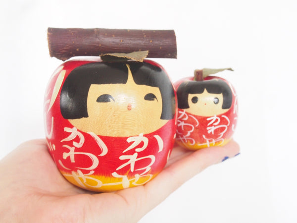 Adorable apple kokeshi- mother and daughter pair
